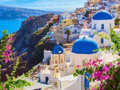 Santorini-view-with-pink-flowers